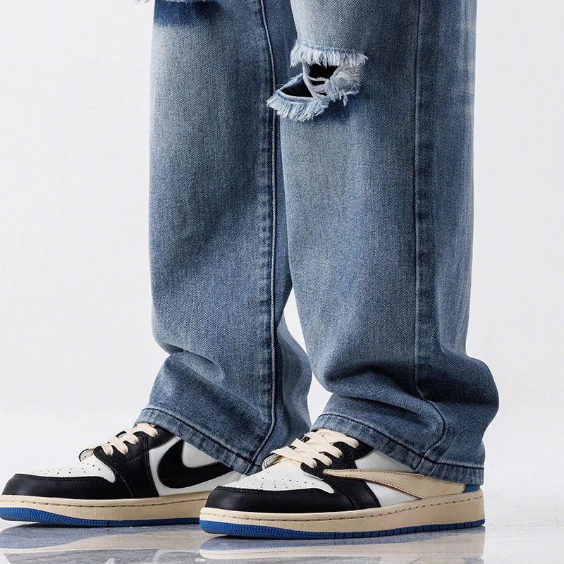 MARVELO RIPPED DENIM JEANS - MEN'S LIGHT WASH STREETWEAR JEANS