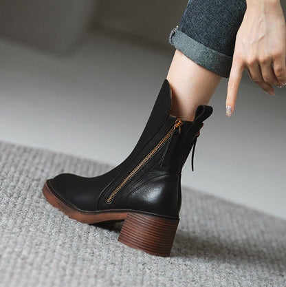 Olivia Zip Ankle Boots - Leather Block Heel Boots (Women)