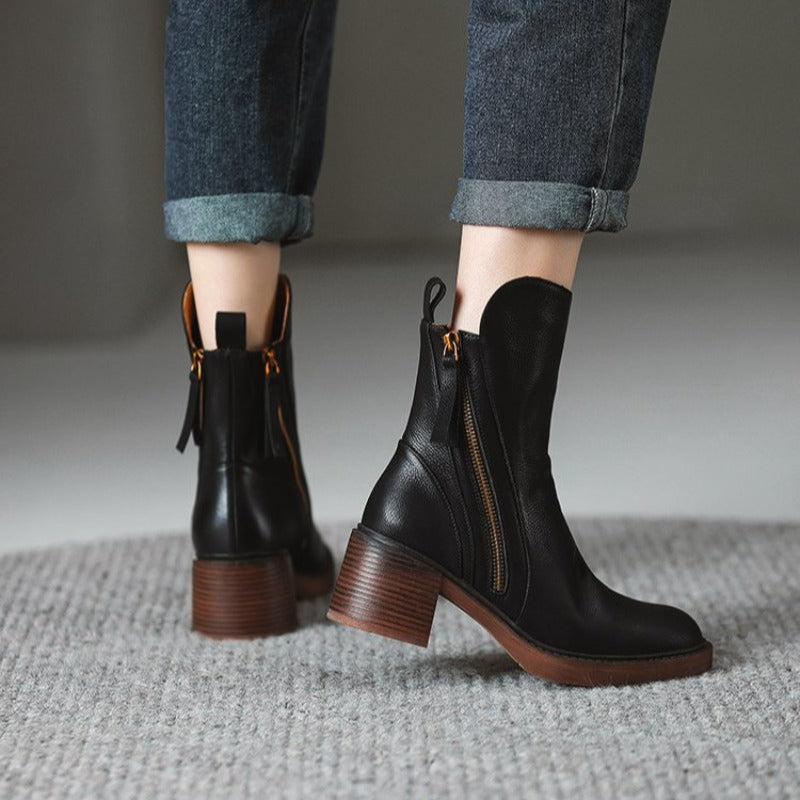 Olivia Zip Ankle Boots - Leather Block Heel Boots (Women)