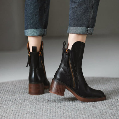 Olivia Zip Ankle Boots - Leather Block Heel Boots (Women)