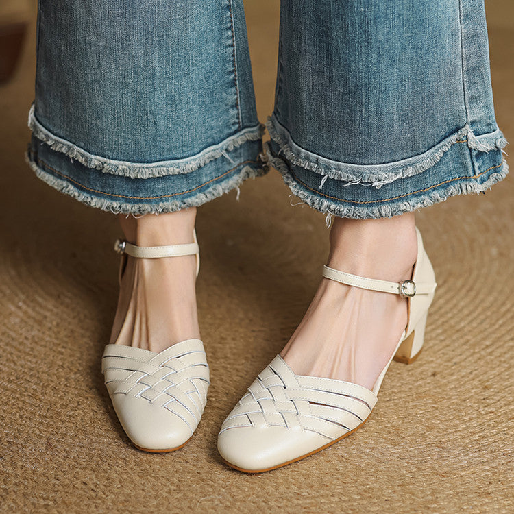 Amelise Strap Block Genuine Leather Heels (Women)