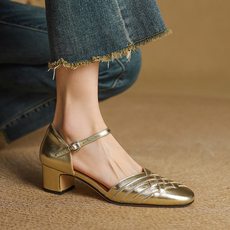 Amelise Strap Block Genuine Leather Heels (Women)