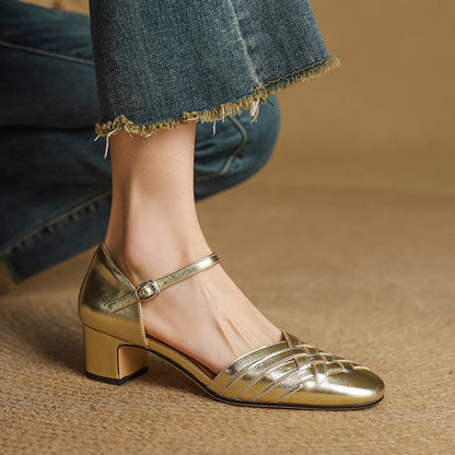 Amelise Strap Block Genuine Leather Heels (Women)