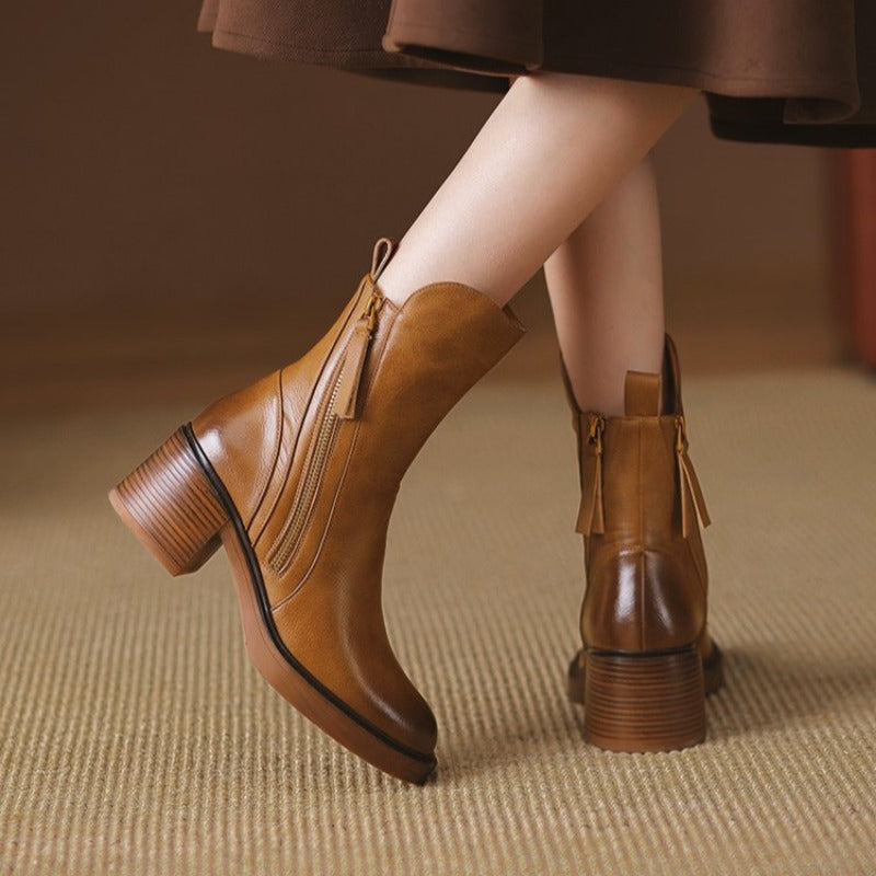 Olivia Zip Ankle Boots - Leather Block Heel Boots (Women)