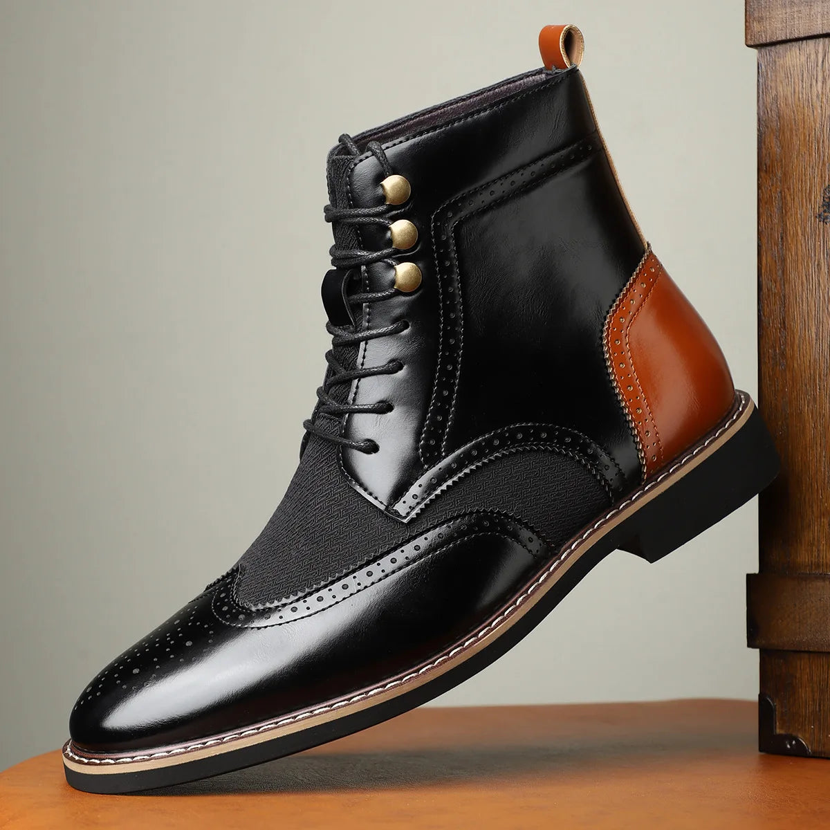 BRAVARE VINTAGE BROGUE LEATHER BOOTS - MEN’S CLASSIC HIGH-TOP DRESS BOOTS