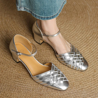 Amelise Strap Block Genuine Leather Heels (Women)