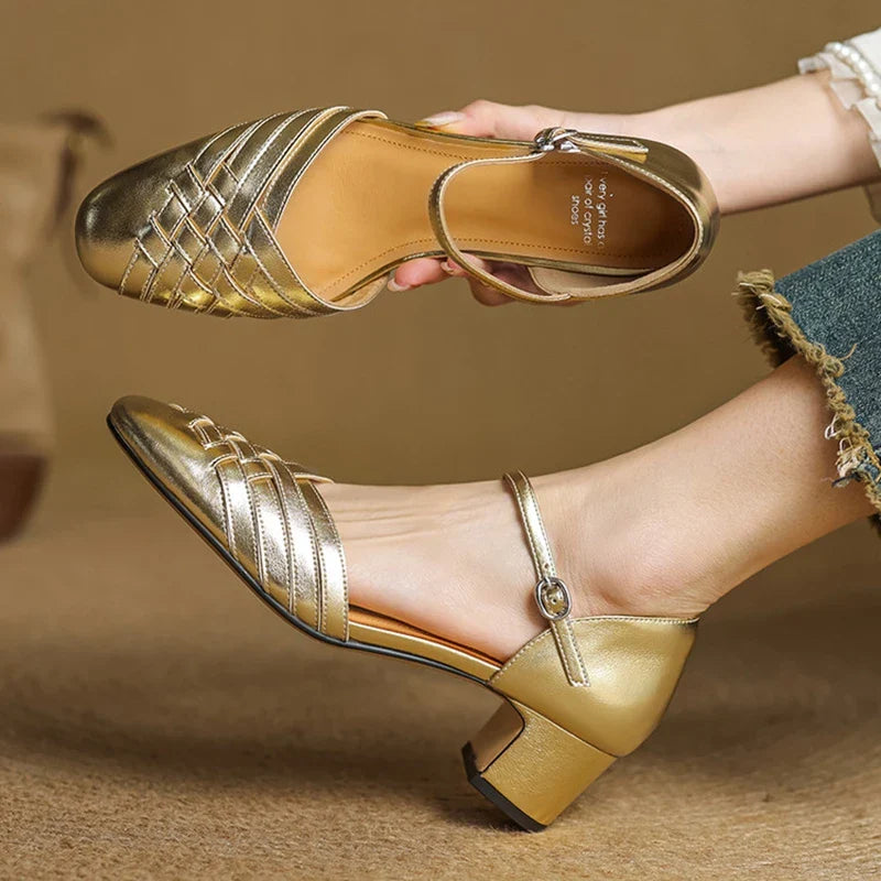 Amelise Strap Block Genuine Leather Heels (Women)