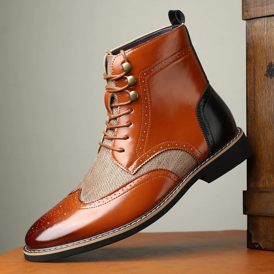 BRAVARE VINTAGE BROGUE LEATHER BOOTS - MEN’S CLASSIC HIGH-TOP DRESS BOOTS