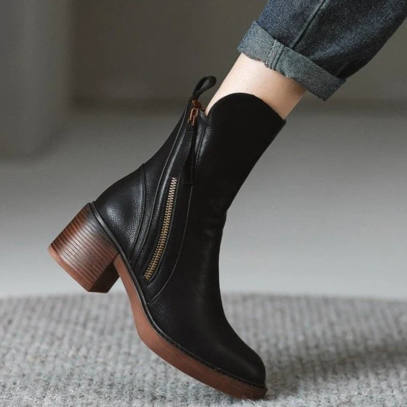 Olivia Zip Ankle Boots - Leather Block Heel Boots (Women)