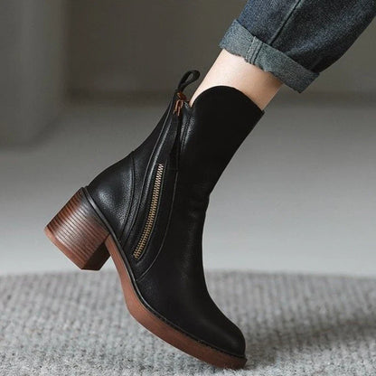 Olivia Zip Ankle Boots - Leather Block Heel Boots (Women)