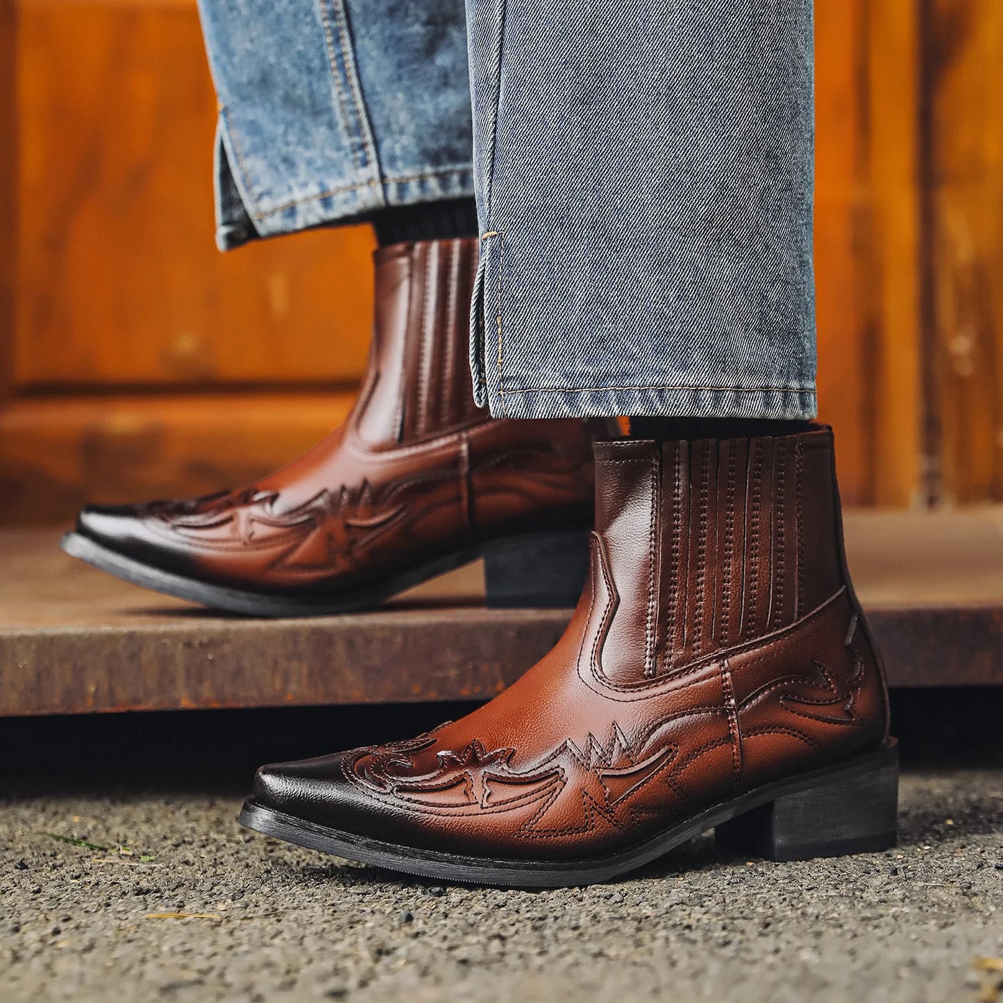 VALMORE WESTERN BOOTS - MEN’S GENUINE LEATHER COWBOY ANKLE BOOTS