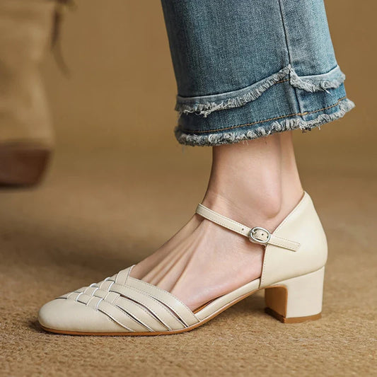 Amelise Strap Block Genuine Leather Heels (Women)