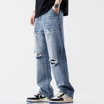 MARVELO RIPPED DENIM JEANS - MEN'S LIGHT WASH STREETWEAR JEANS