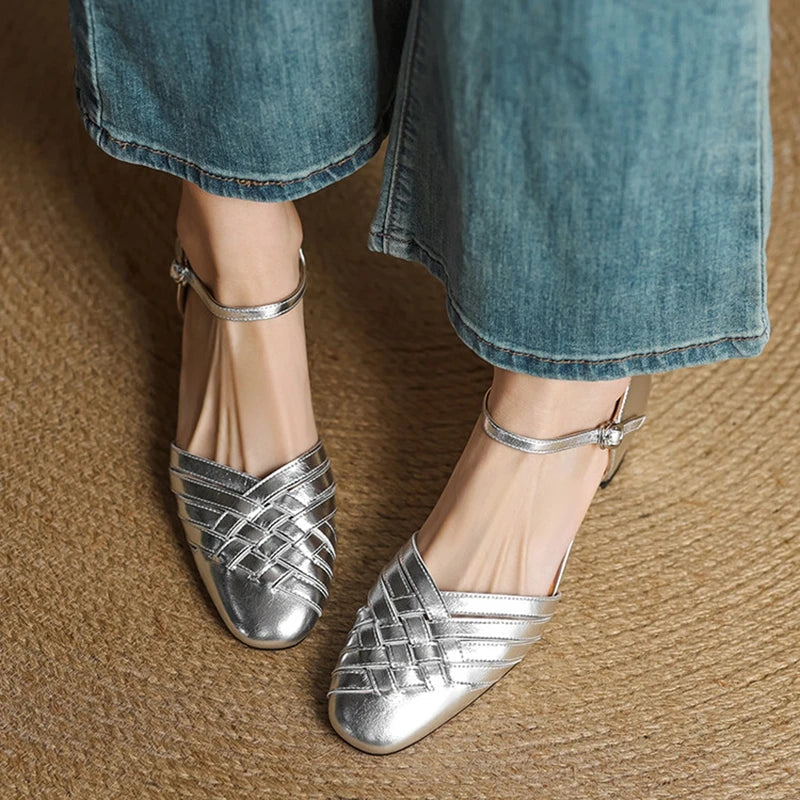 Amelise Strap Block Genuine Leather Heels (Women)