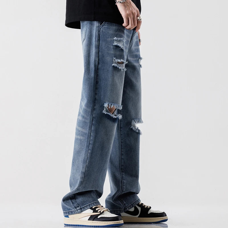 MARVELO RIPPED DENIM JEANS - MEN'S LIGHT WASH STREETWEAR JEANS