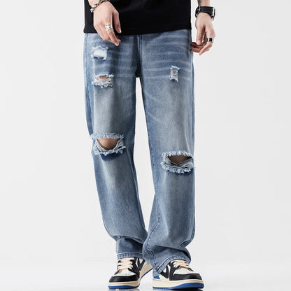 MARVELO RIPPED DENIM JEANS - MEN'S LIGHT WASH STREETWEAR JEANS