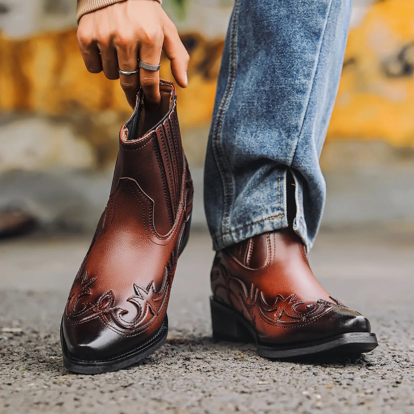 VALMORE WESTERN BOOTS - MEN’S GENUINE LEATHER COWBOY ANKLE BOOTS